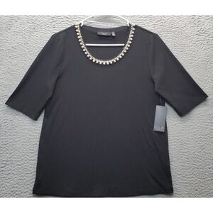 Ella Rafaella Blouse Top Women Medium Black Elbow Sleeve Pearl Trim Rib Pullover